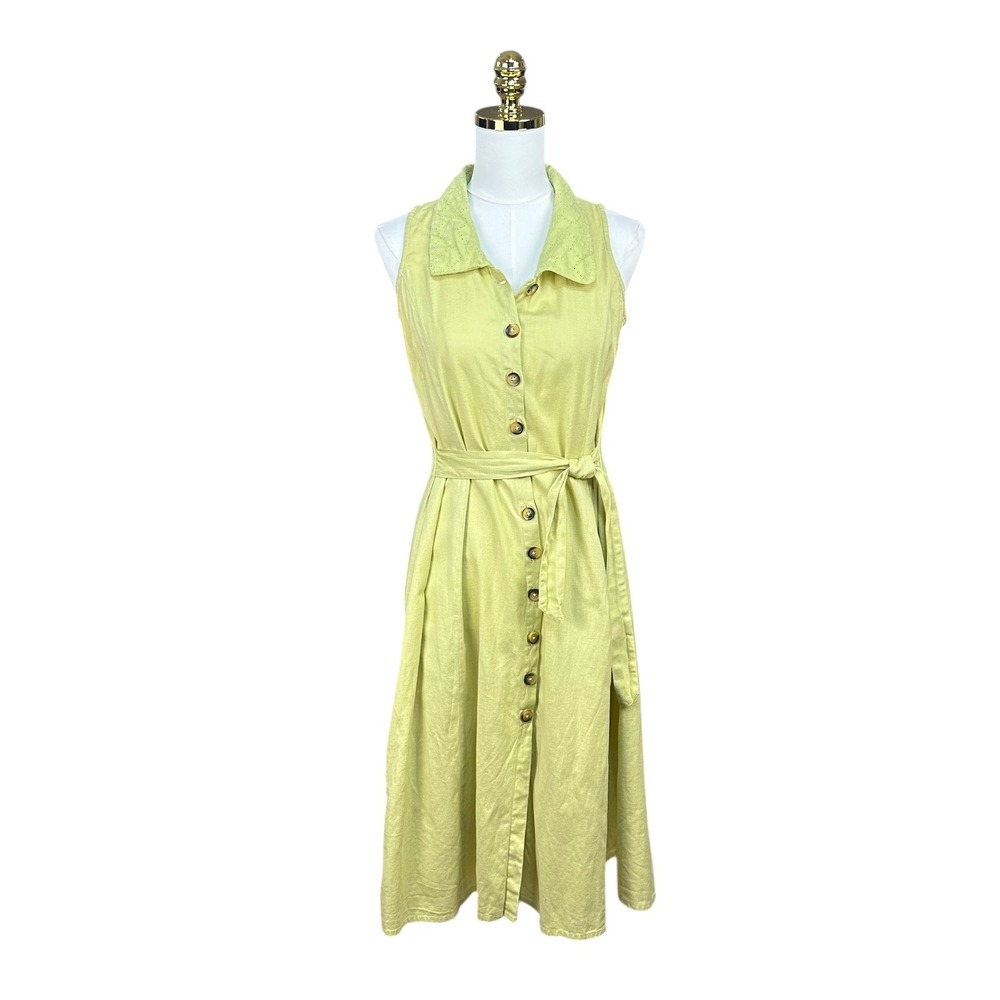 Bombay Paisley Woman Chartruese Eyelet Collar Button Linen Blend Midi Dress SZ M